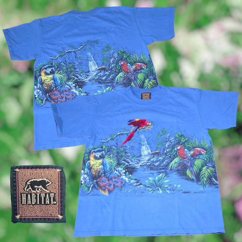 VTG 90s Habitat Rainforest Jungle Parrots Embroidered Macaw T-Shirt Blue Medium